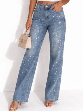 Love Soho Rhinestone Blue Fade Stone Washed Mid-Rise Jeans